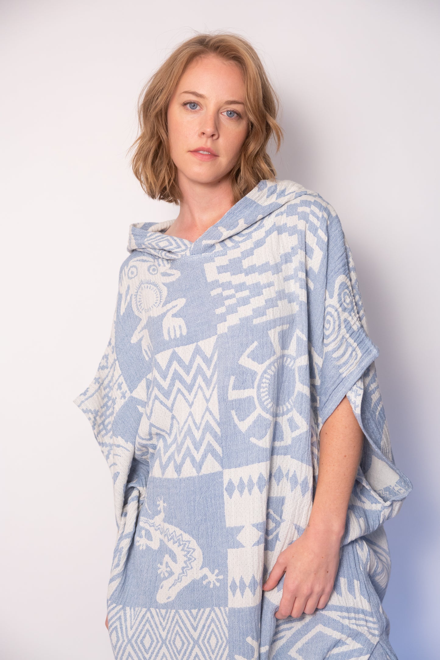 Blue Boho Cotton Poncho and Pants Set