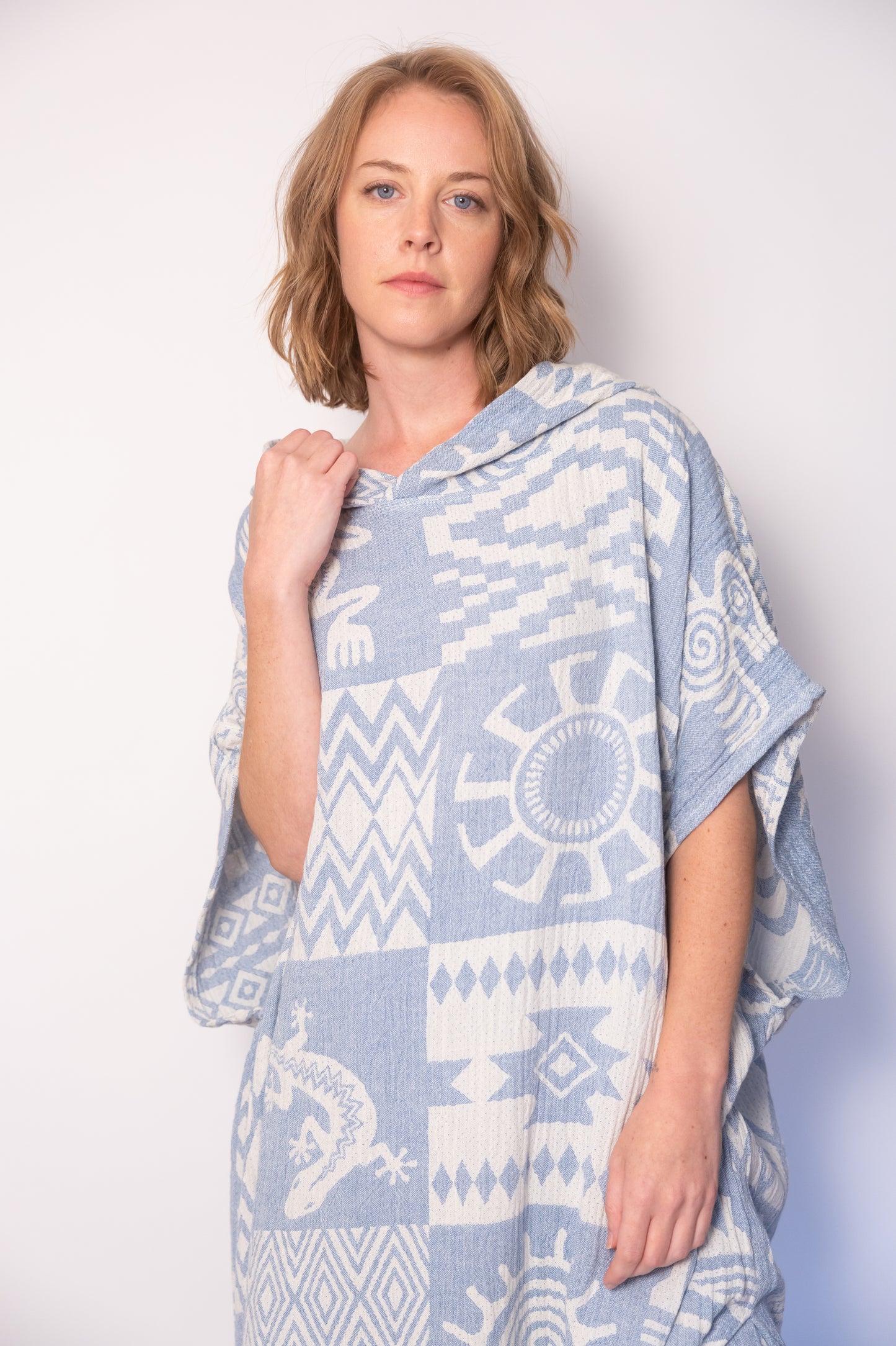 Blue Boho Cotton Poncho and Pants Set