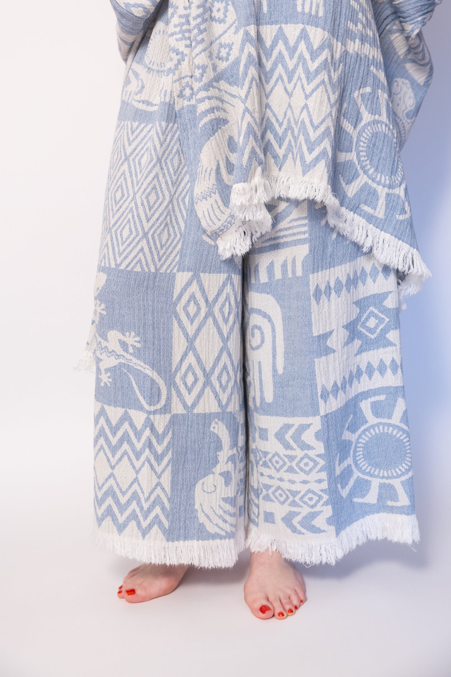 Blue Boho Cotton Poncho and Pants Set