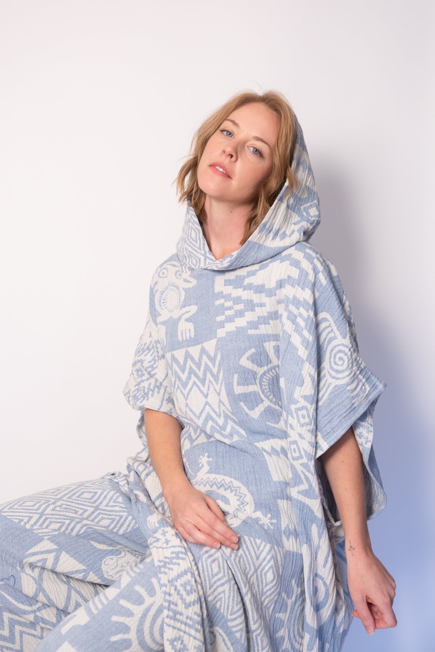 Blue Boho Cotton Poncho and Pants Set