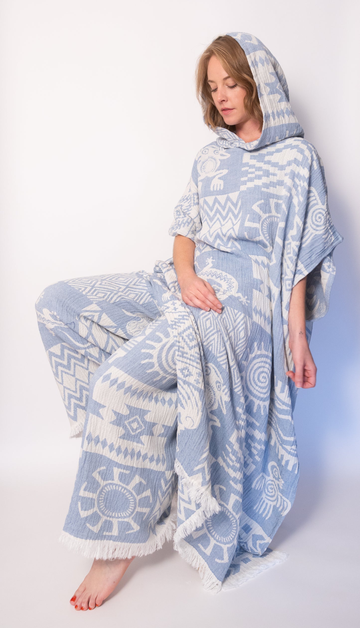 Blue Boho Cotton Poncho and Pants Set