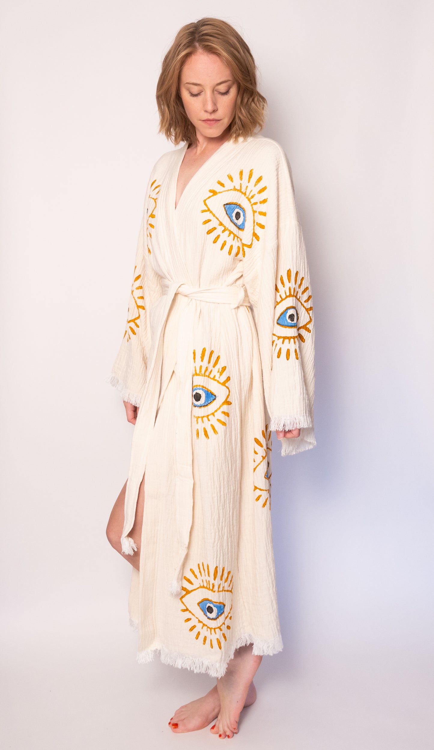 Natural Color Evil Eye Cotton Robe
