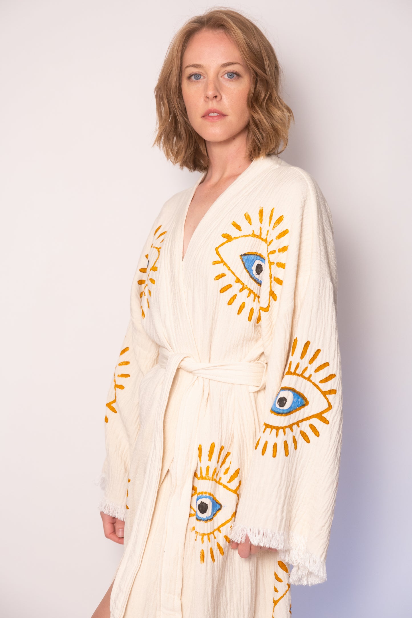Natural Color Evil Eye Cotton Robe