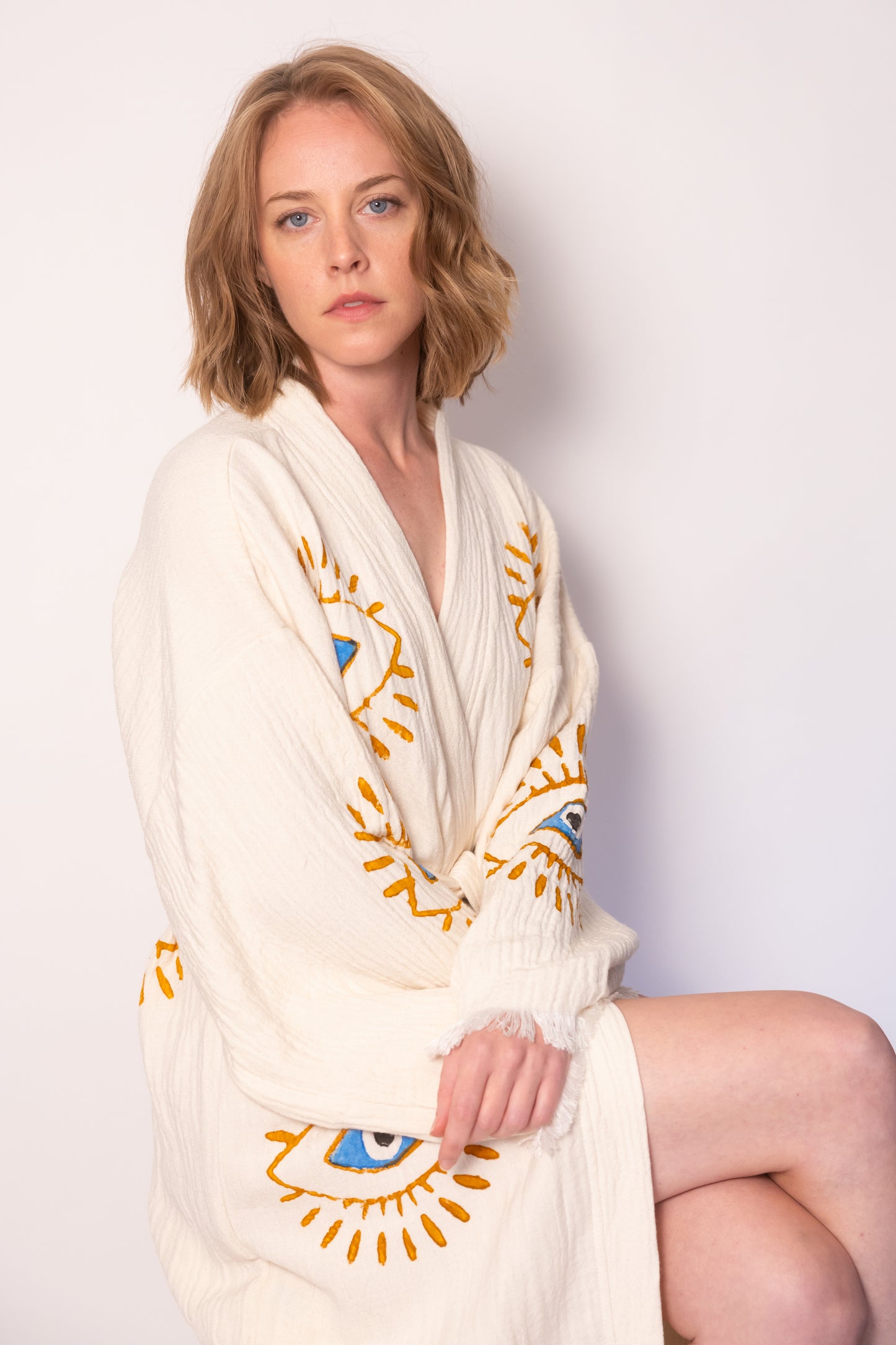 Natural Color Evil Eye Cotton Robe