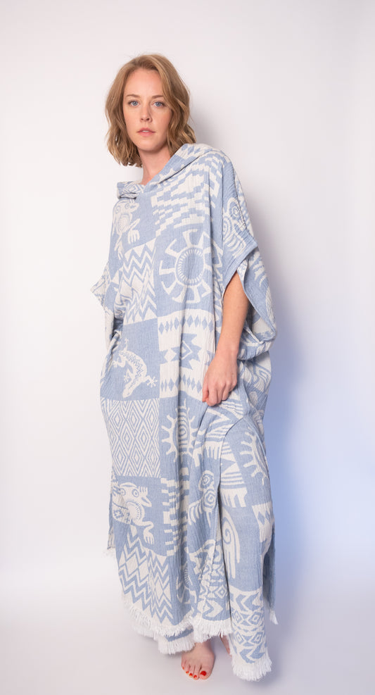 Blue Boho Cotton Poncho and Pants Set