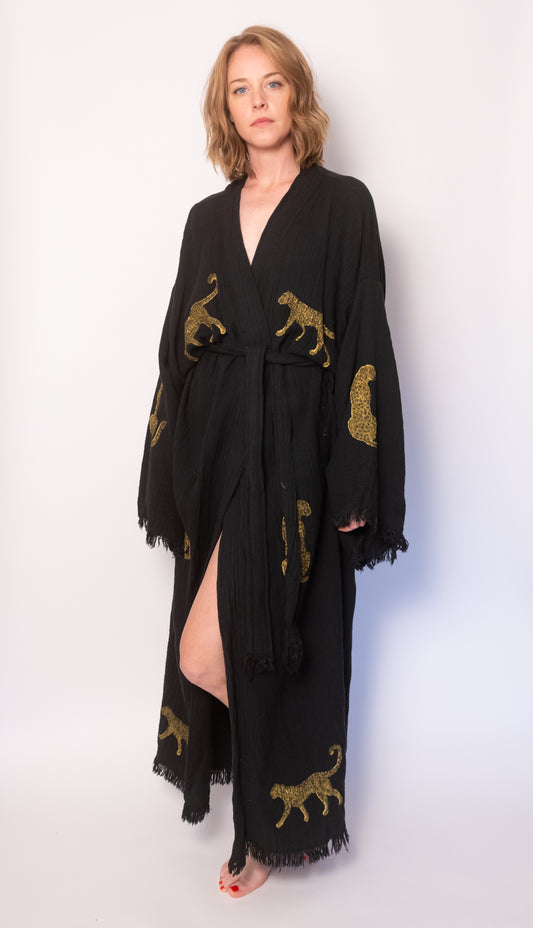 Leopard Print Black Cotton Robe