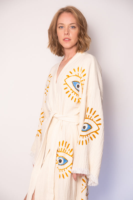 Natural Color Evil Eye Cotton Robe
